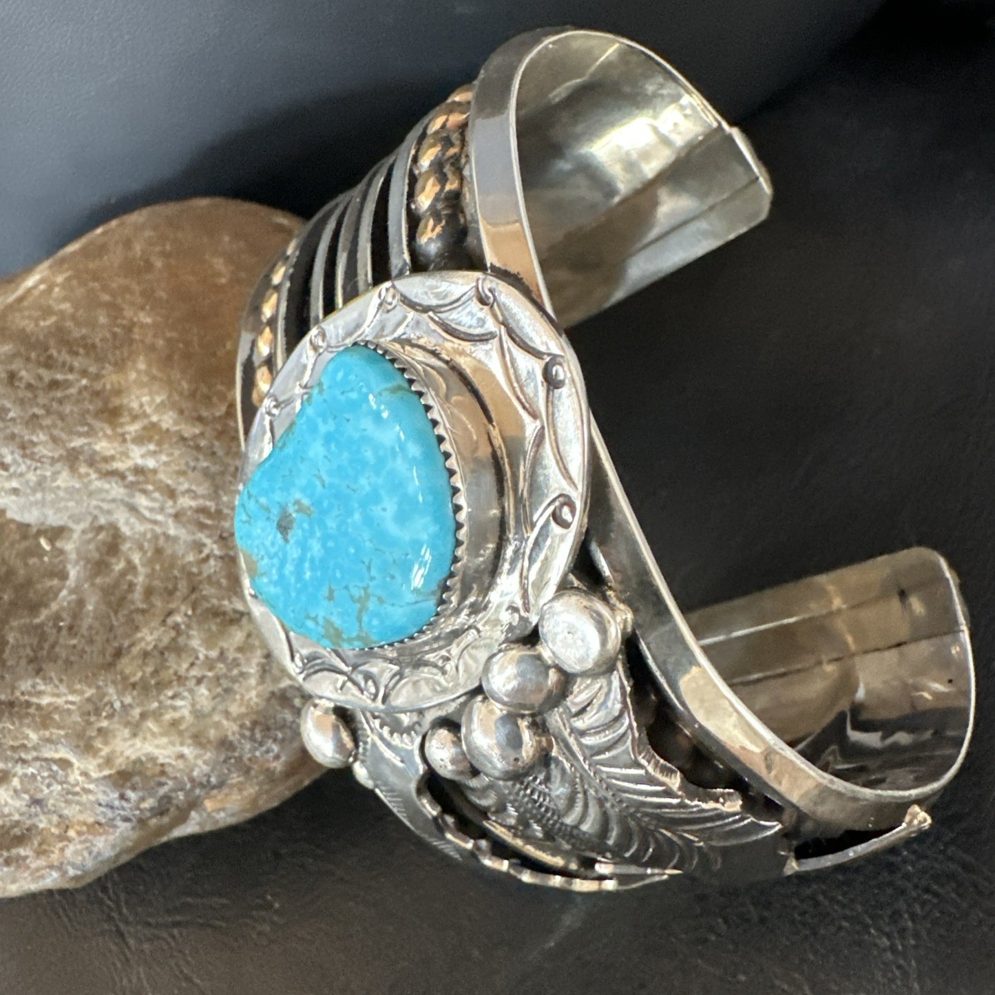 Blue Turquoise Navajo Sterling Silver Cuff Bracelet 12K Gold 19131