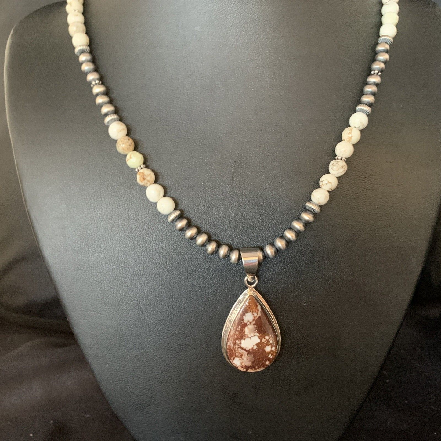 Wild Horse Turquoise Pendant Navajo Pearls Sterling Silver Necklace 20" 13864