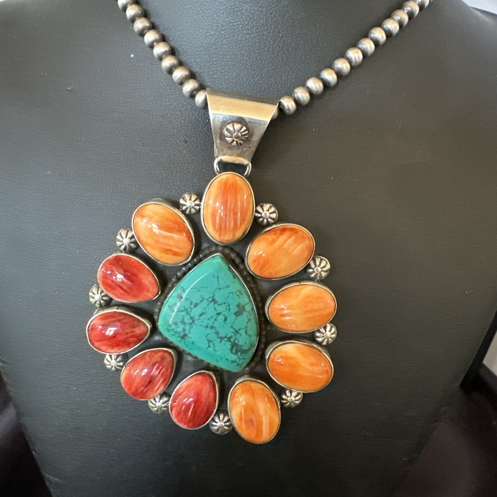 XL Turquoise Orange Spiny Cluster Pendant Navajo Sterling Silver Necklace 18400