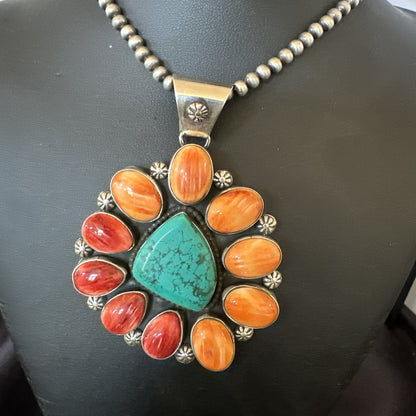 XL Turquoise Orange Spiny Cluster Pendant Navajo Sterling Silver Necklace 18400