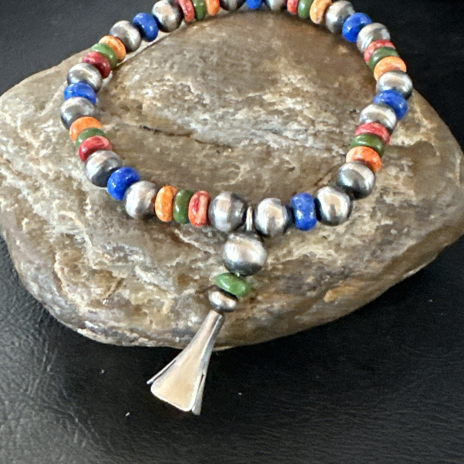 Multicolor Lapis Turquoise Stretch Bead Bracelet Navajo Sterling Silver 17908