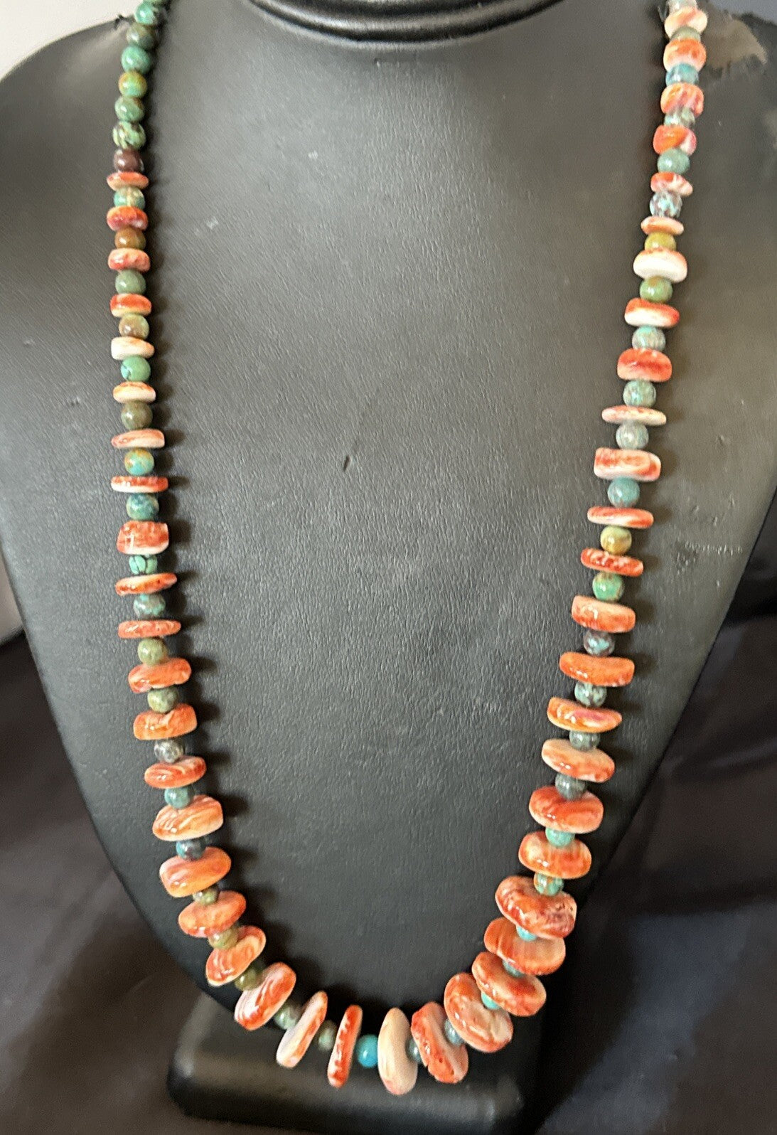 Red Spiny Oyster Green Turquoise 23” Long Navajo Sterling Silver Necklace 17762