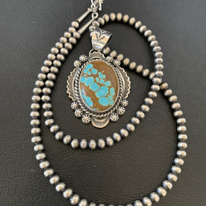 Mens Blue Turquoise #8 Pendant Navajo Pearls Sterling Silver Necklace 10866