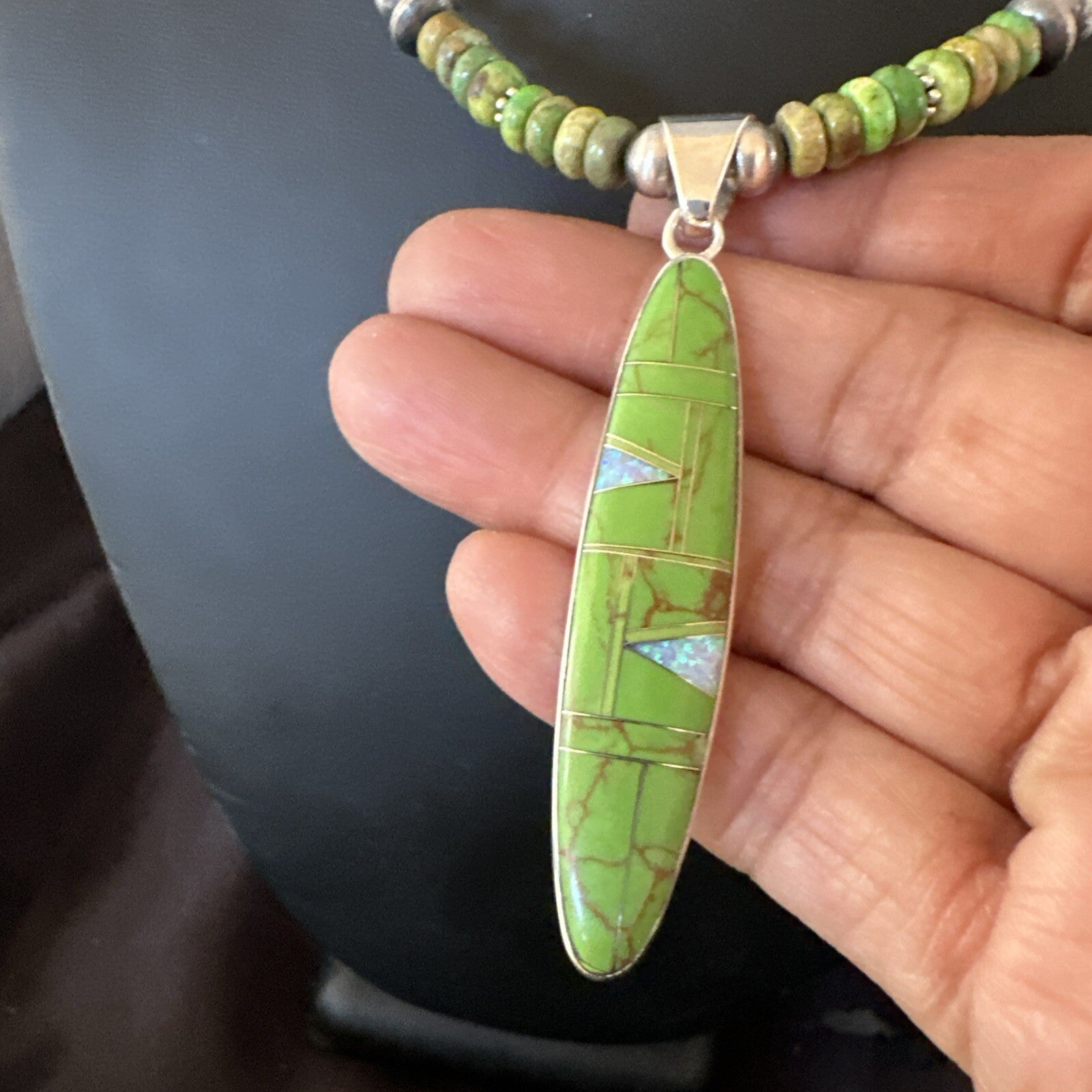 WoMens Green Gaspeite Turquoise Opal Pendant Sterling Silver Necklace 18666