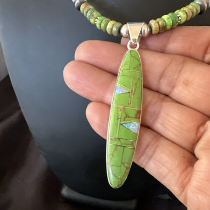WoMens Green Gaspeite Turquoise Opal Pendant Sterling Silver Necklace 18666
