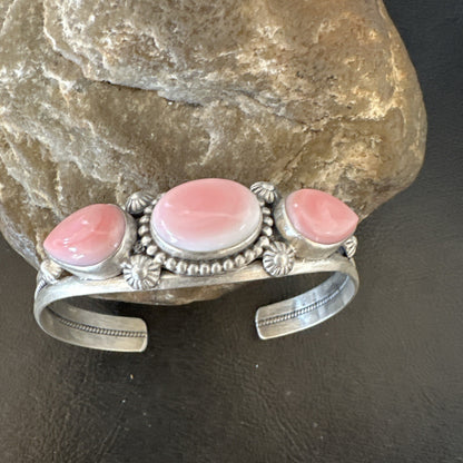 Navajo Pink Conch 3 Stone Sterling Silver Cuff Bracelet 18851