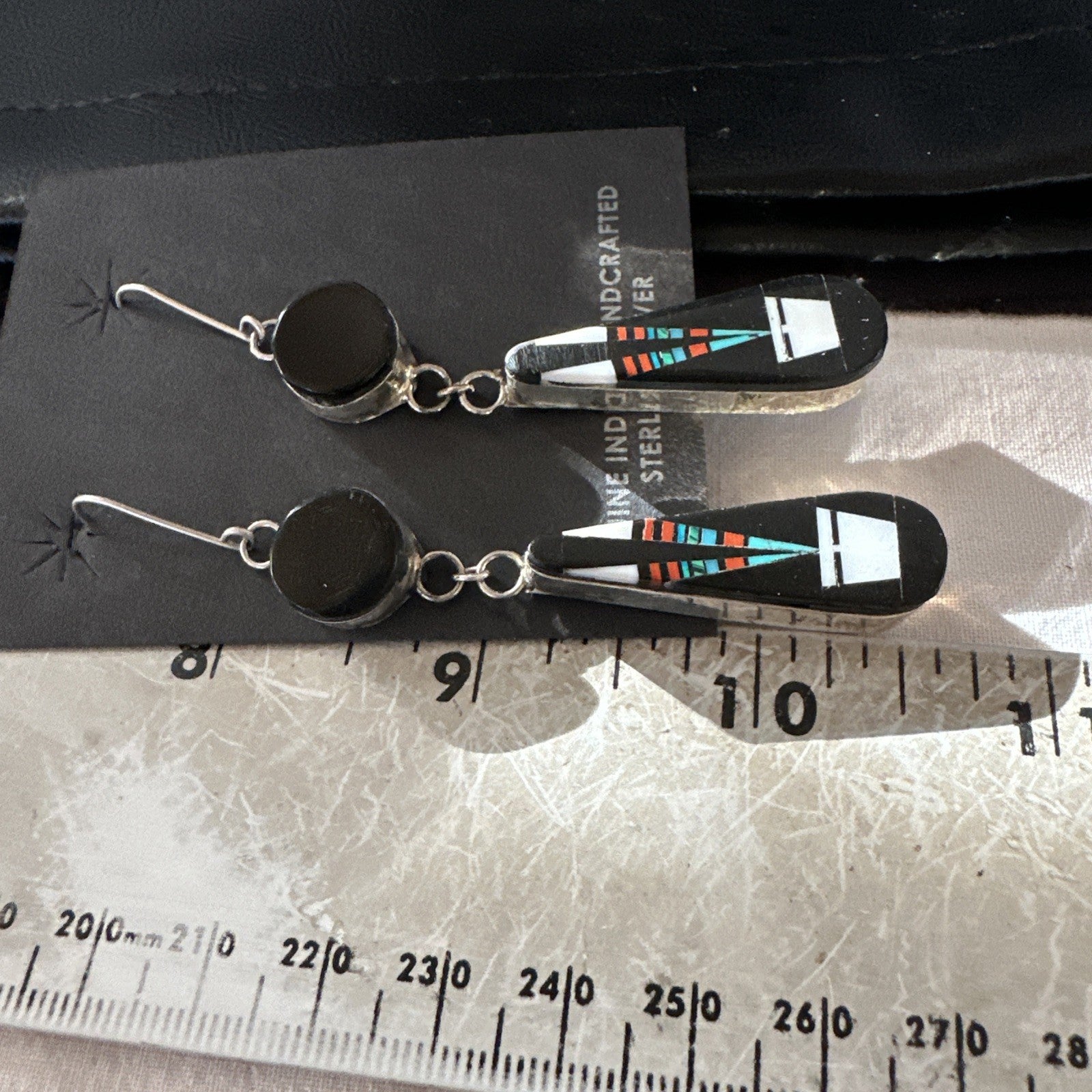 XL Navajo Onyx Turquoise Coral Inlay Earrings Sterling Silver Handmade 19774
