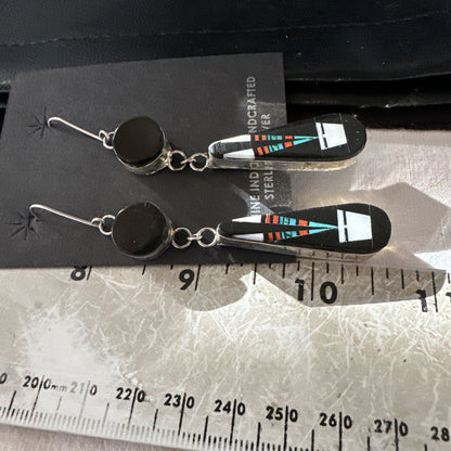 XL Navajo Onyx Turquoise Coral Inlay Earrings Sterling Silver Handmade 19774