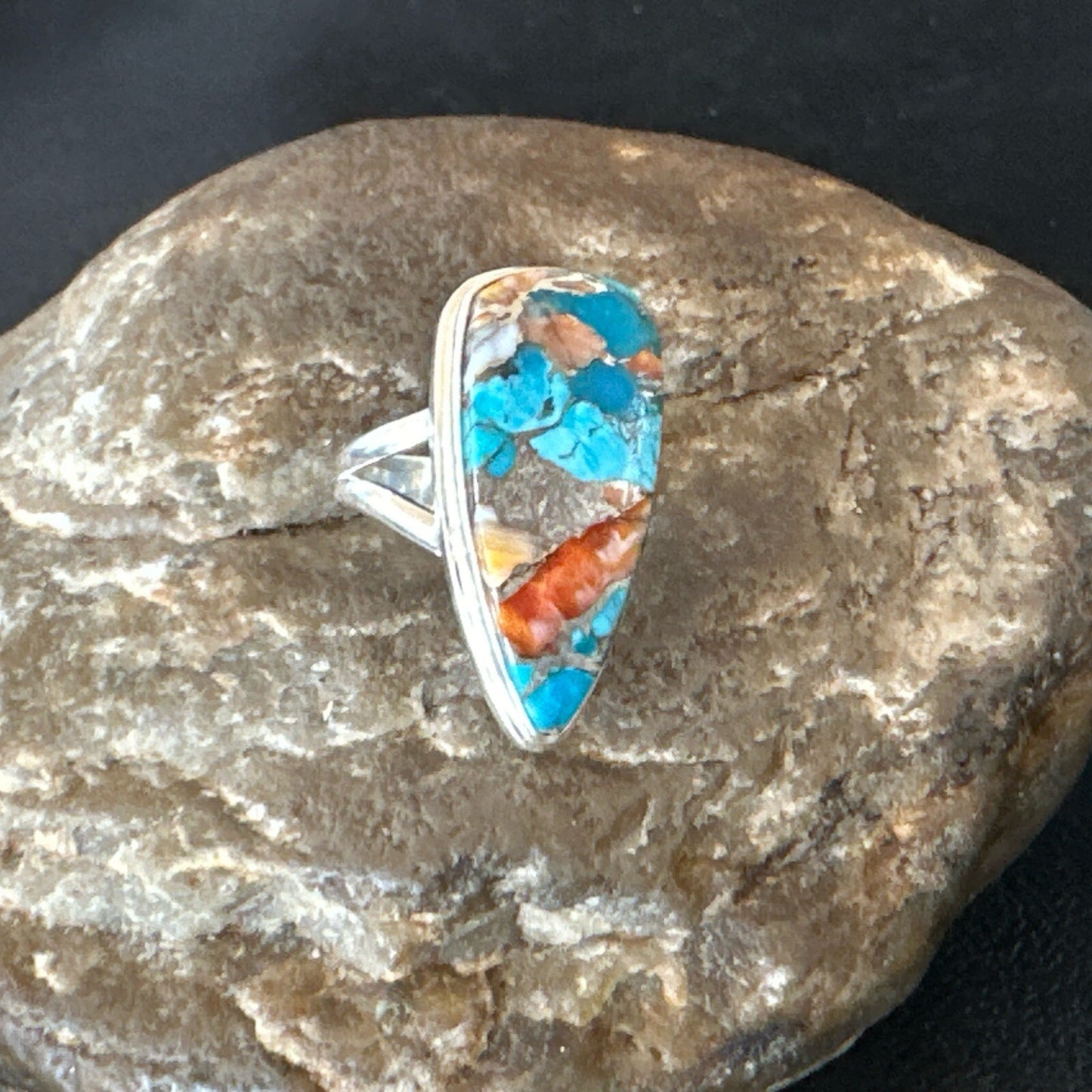 Blue Turquoise Spiny Oyster Southwestern Sterling Silver Ring Size 5 18501