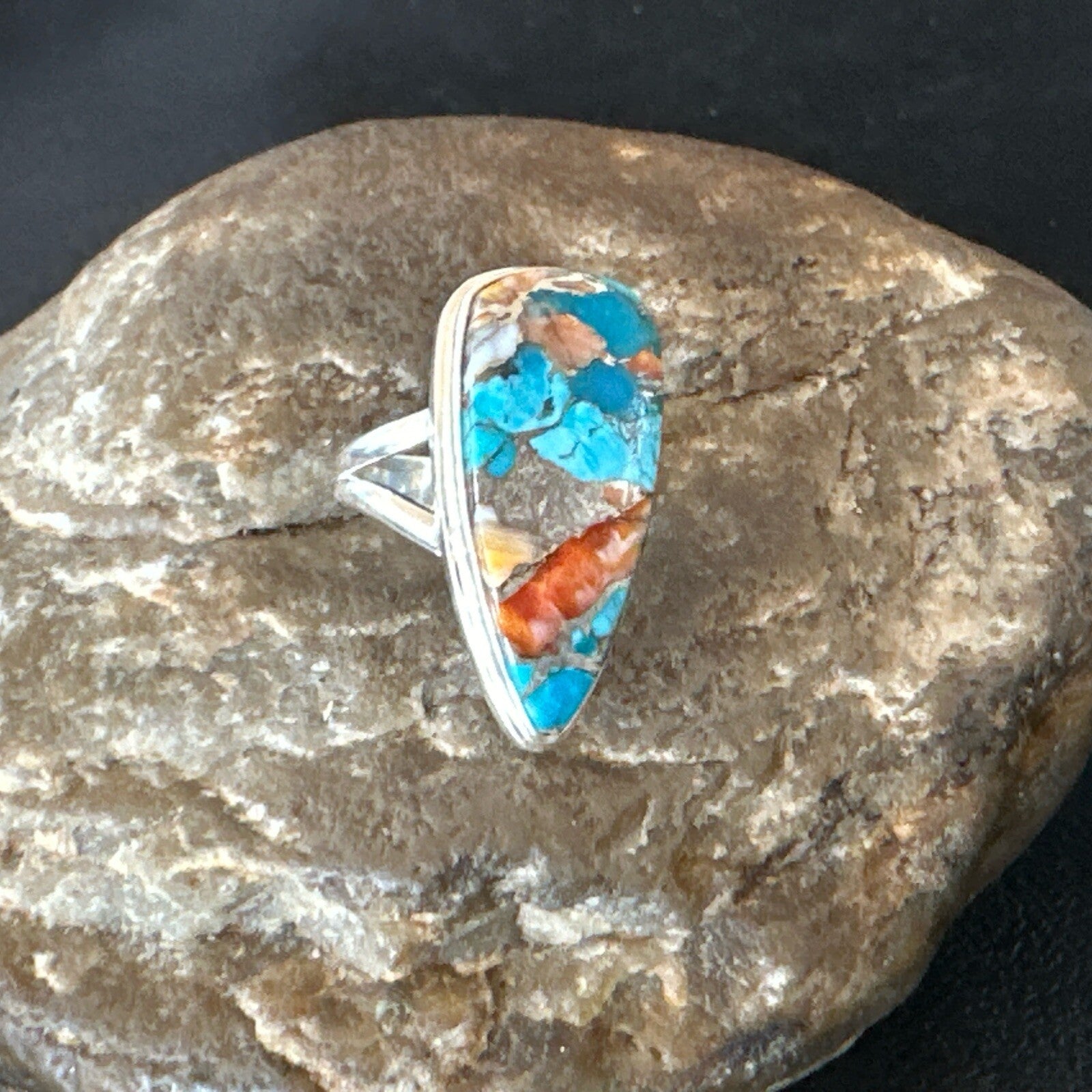 Blue Turquoise Spiny Oyster Southwestern Sterling Silver Ring Size 5 18501
