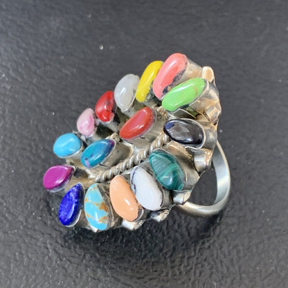 Onyx Lapis Turquoise & Gaspiete Navajo Sterling Silver Inlay Ring Size 8 11960