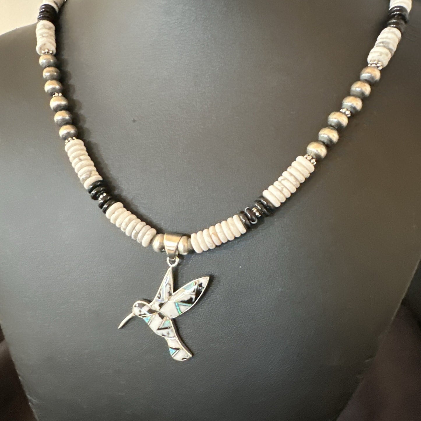 HummingBird White Buffalo Pendant Howlite Sterling Silver Necklace 18727