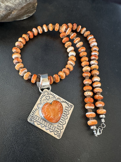 H Joe Orange Spiny Oyster Heart Pendant Navajo Sterling Silver Necklace 19480