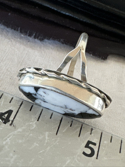 Black White Buffalo Turquoise Navajo Sterling Silver Ring Size 7 19806