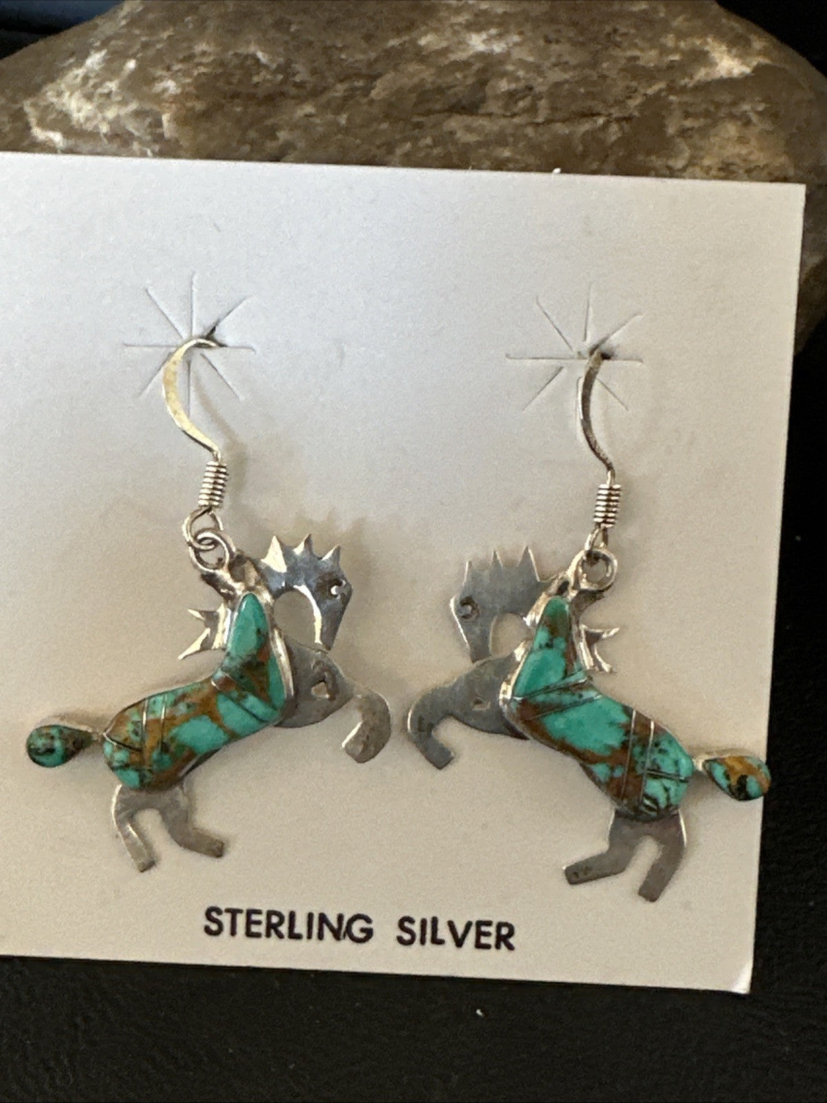Turquoise Horse Inlay Navajo Sterling Silver Earrings 19826