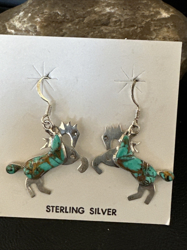 Turquoise Horse Inlay Navajo Earrings | Sterling Silver | Authentic Native American Handmade | 19826