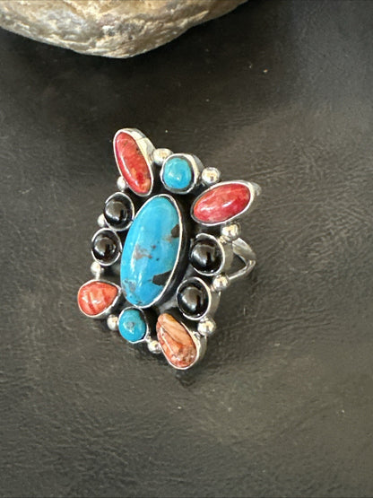 Cluster Blue Turquoise Spiny Oyster Onyx Sterling Silver Ring Size 10 18559