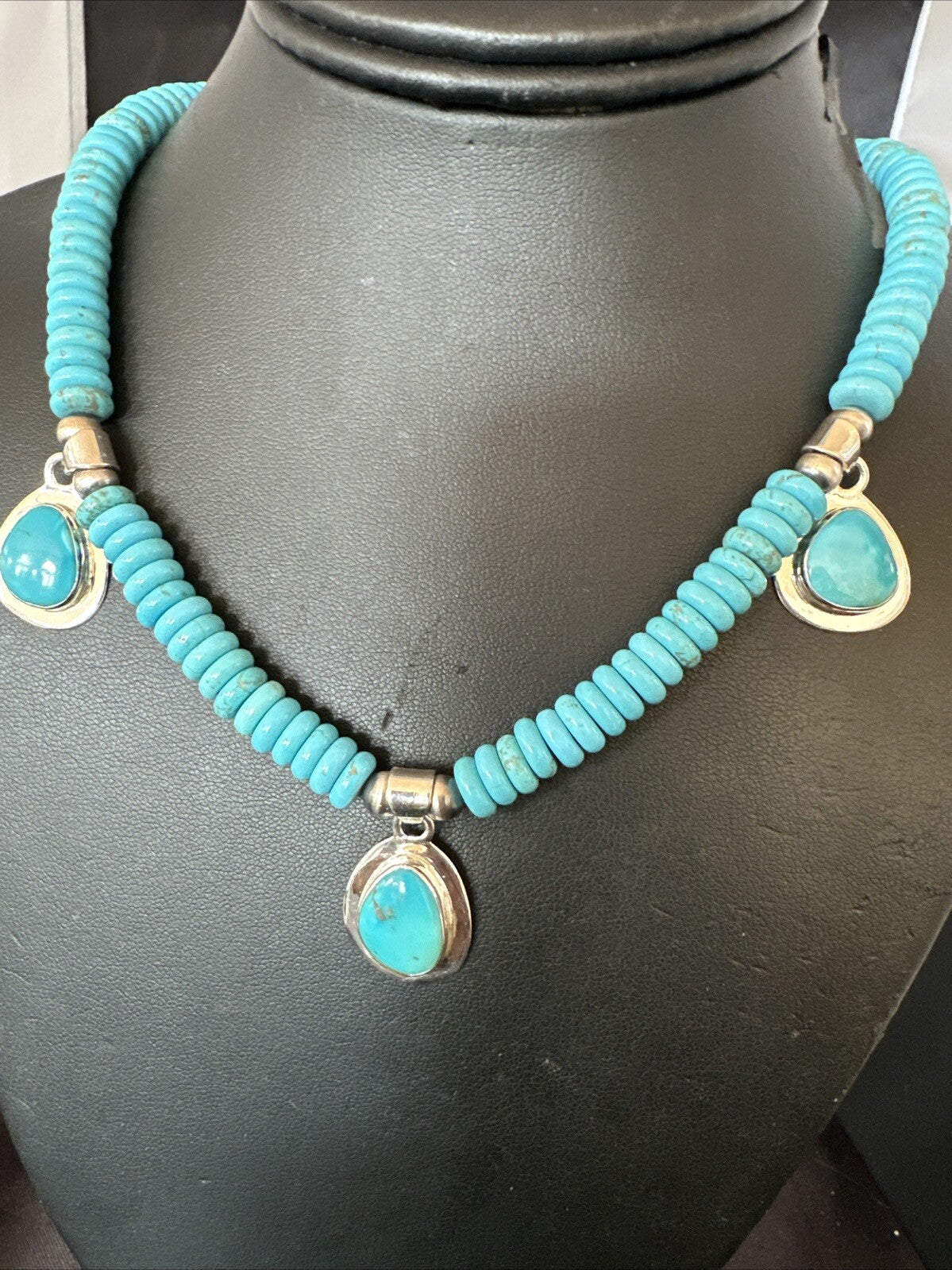 WoMens Blue Kingman Turquoise Pendants Navajo Sterling Silver Necklace 19” 18166