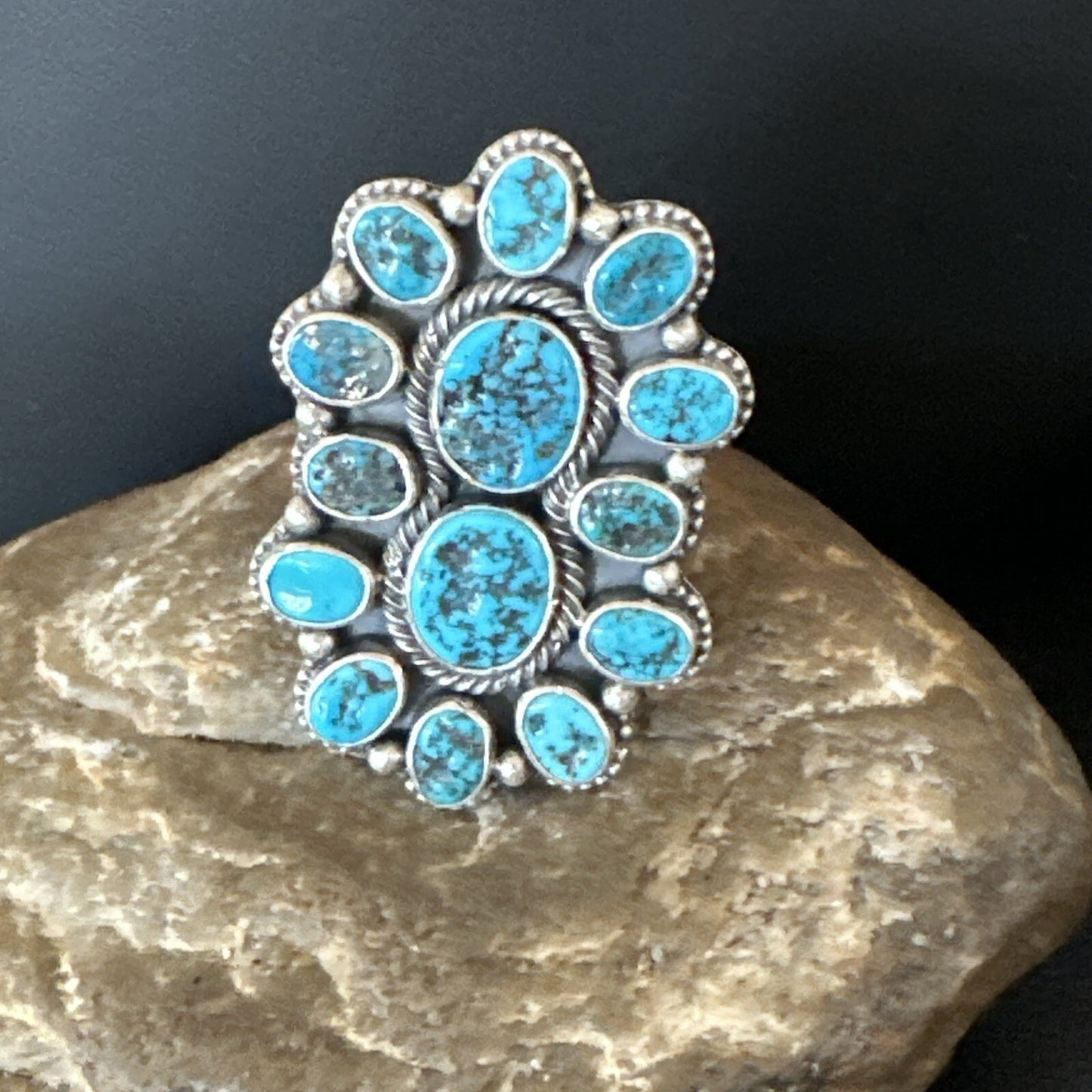 Navajo Cluster Blue Kingman Turquoise Sterling Silver Adjustable Ring Sz 7 18794