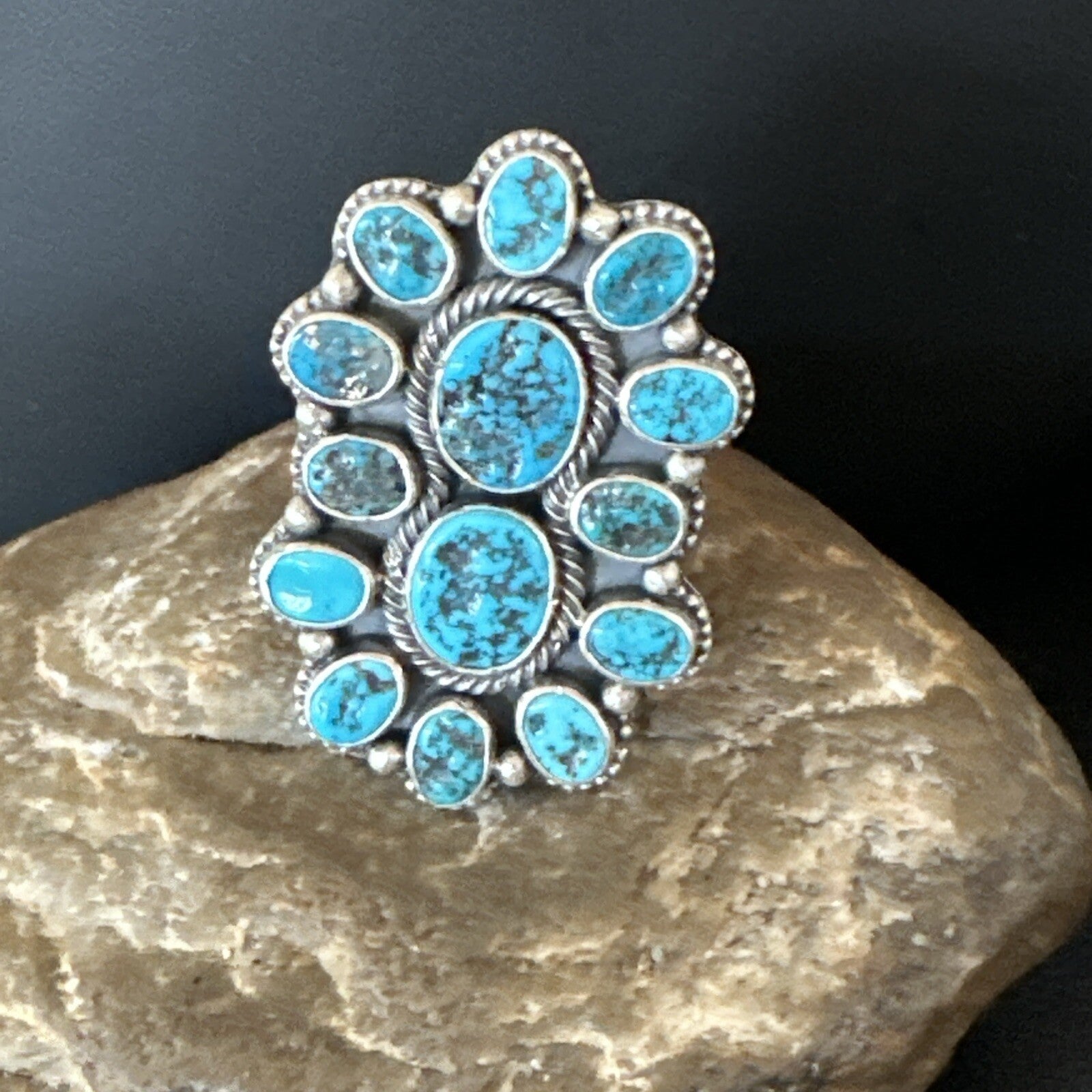 Navajo Cluster Blue Kingman Turquoise Sterling Silver Adjustable Ring Sz 7 18794
