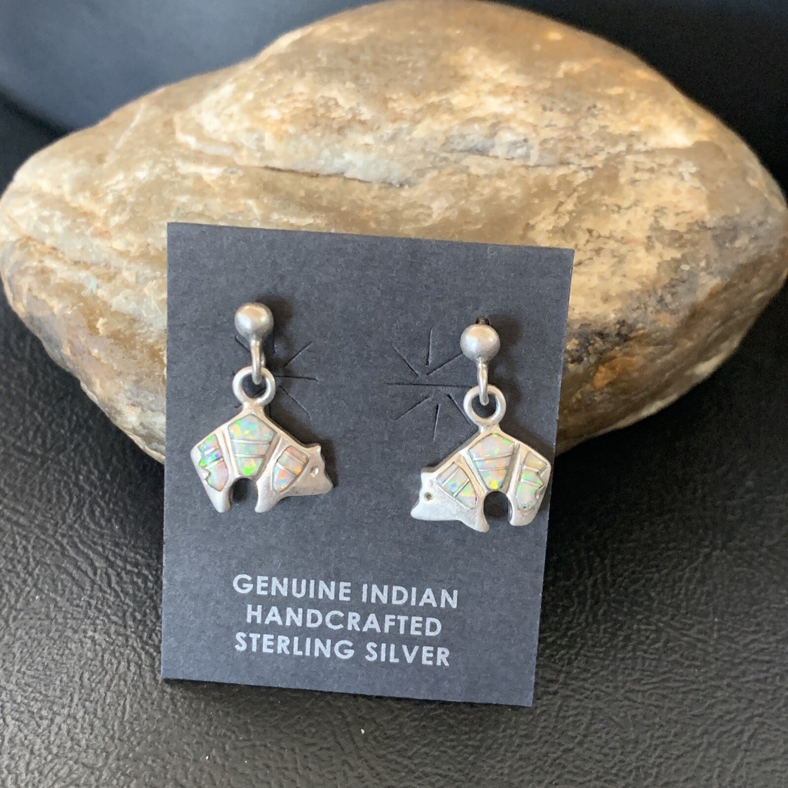 Womens White Opal Bear Inlay Navajo Sterling Silver Dangle Post Earrings 12767