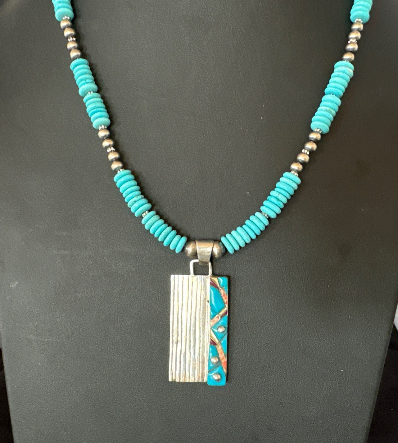 Blue Turquoise Inlay Pendant Navajo Sterling Silver Necklace 20" 19711