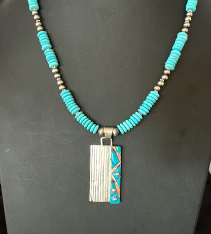 Blue Turquoise Inlay Pendant Navajo Sterling Silver Necklace 20" 19711