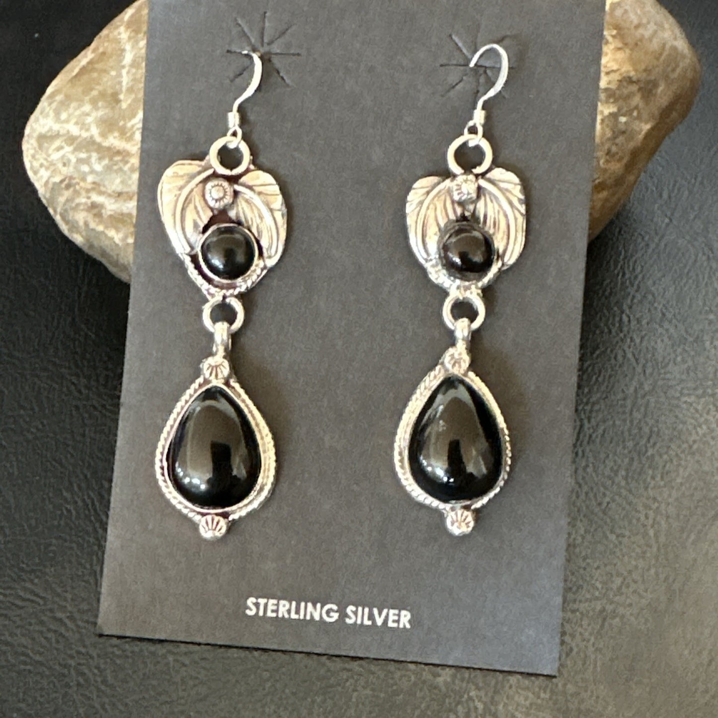 Black Onyx Navajo Sterling Silver Dangle Earrings 1.5" 18292