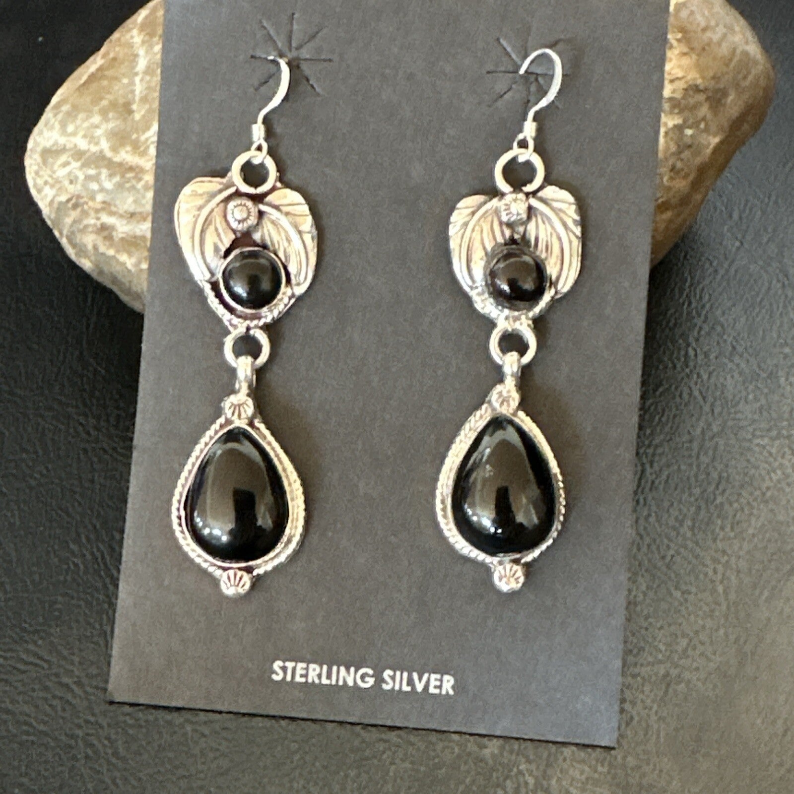 Black Onyx Navajo Sterling Silver Dangle Earrings 1.5" 18292
