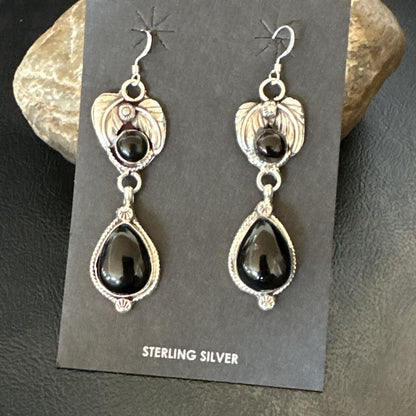 Black Onyx Navajo Sterling Silver Dangle Earrings 1.5" 18292