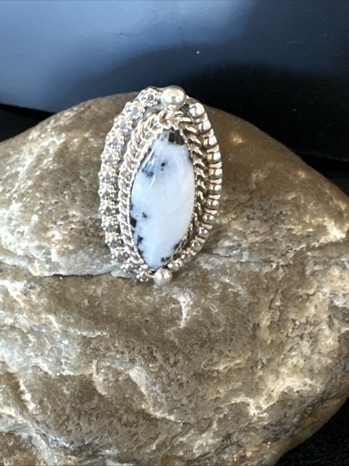 Black White Buffalo Turquoise Navajo Sterling Silver Ring Size 6.5 19804