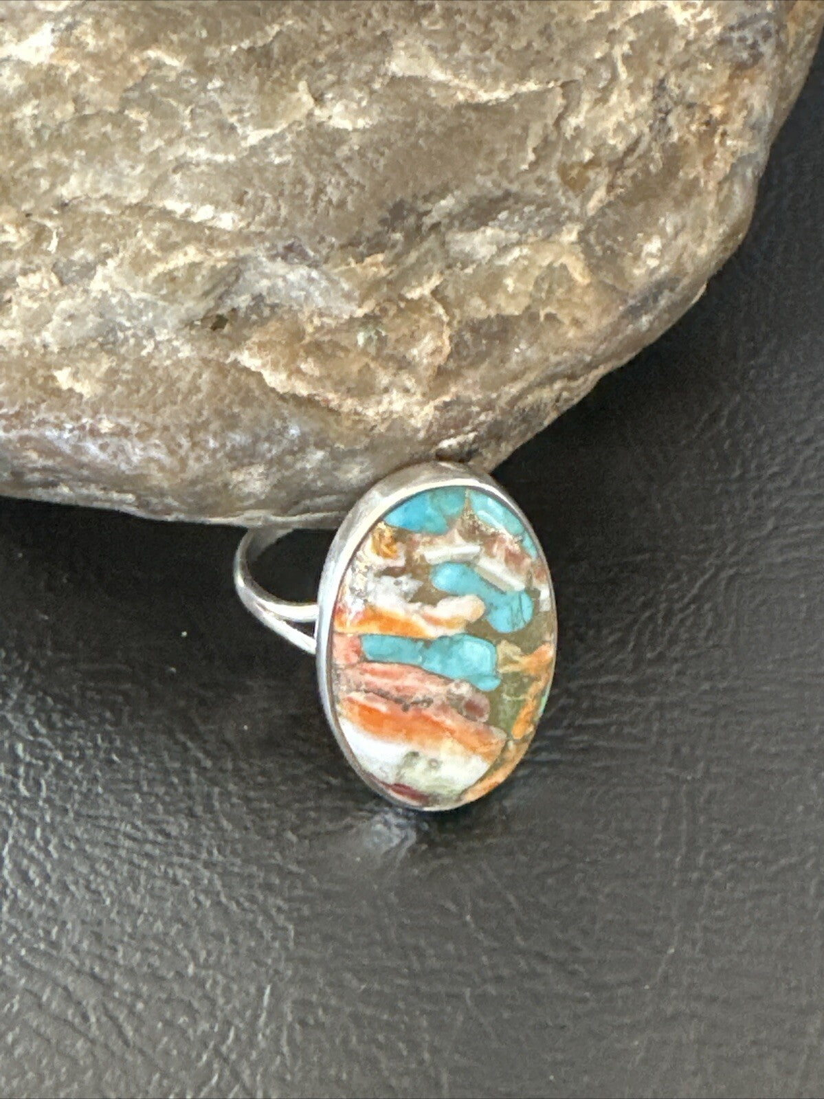 Blue Turquoise Orange Spiny Oyster Navajo Sterling Silver Ring Size 10 18208