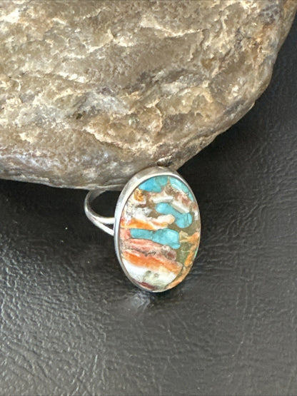 Blue Turquoise Orange Spiny Oyster Navajo Sterling Silver Ring Size 10 18208