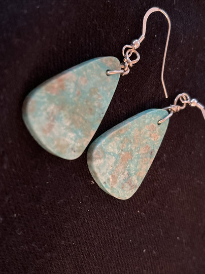 Turquoise Slab Navajo Sterling Silver Dangle Earrings 01350