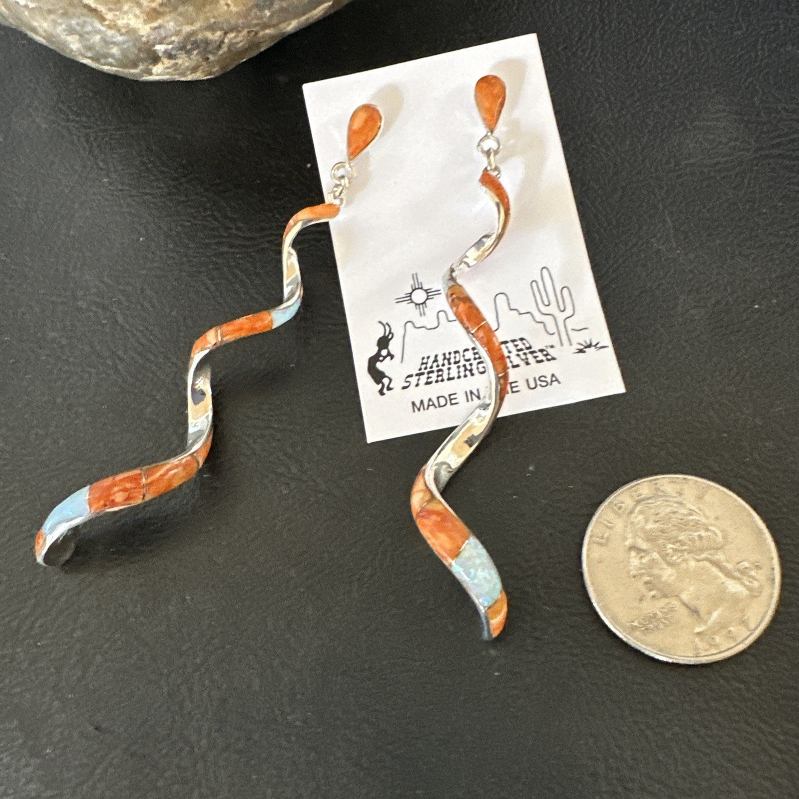 Orange Spiny Oyster Opal Sterling Silver Swirl Dangle Earrings 3" 19134