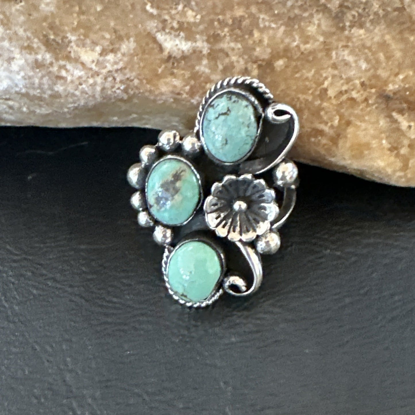 Yazzie Ring Green Turquoise Navajo Sterling Silver Cluster Size 8.5 19215