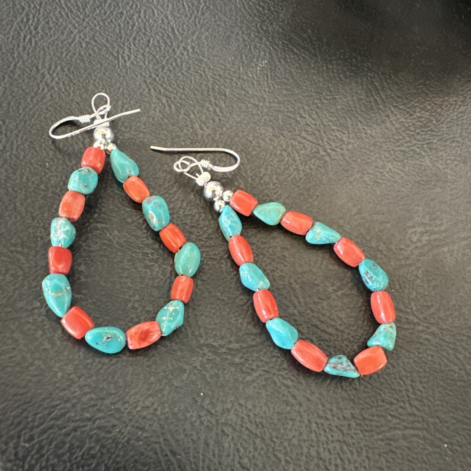 Blue Turquoise Coral Navajo Sterling Silver Earrings 2” 18834