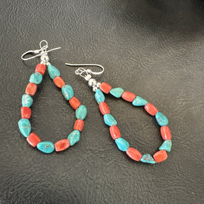 Blue Turquoise Coral Navajo Sterling Silver Earrings 2” 18834