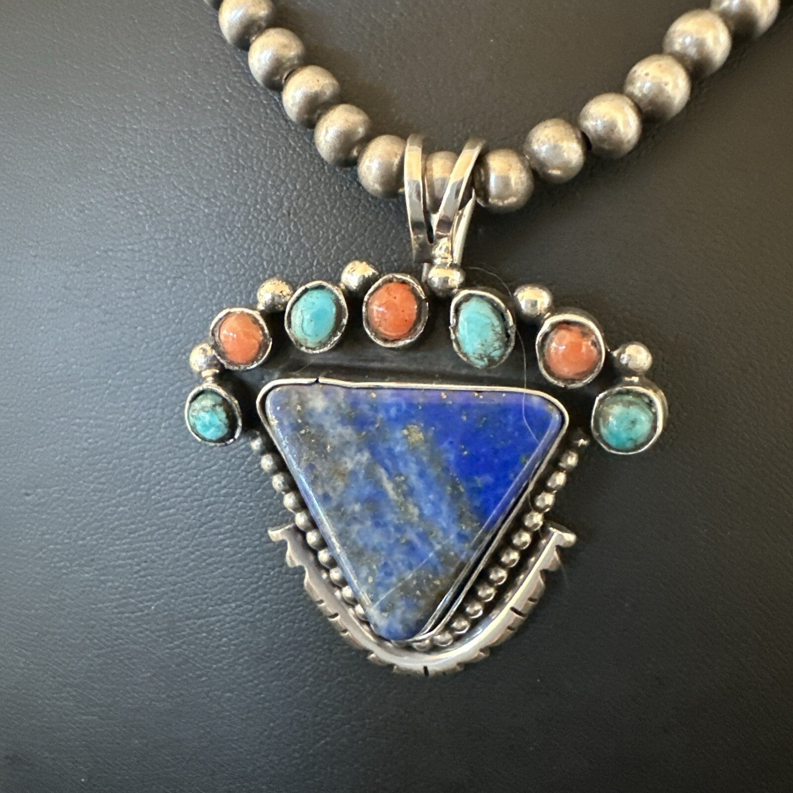 Blue Lapis Cluster Pendant Navajo Sterling Silver Beads Necklace 20" 18753