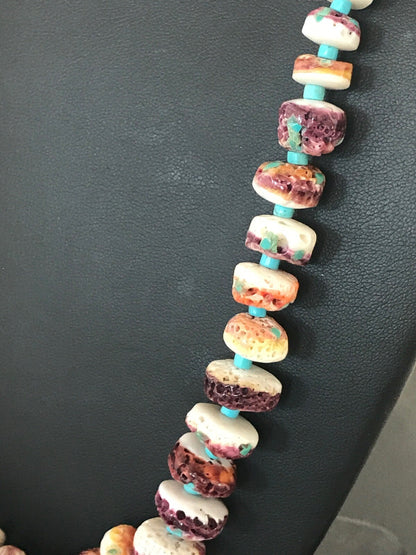 Purple Spiny Oyster & Turquoise Bead Navajo Sterling Silver Necklace 08439