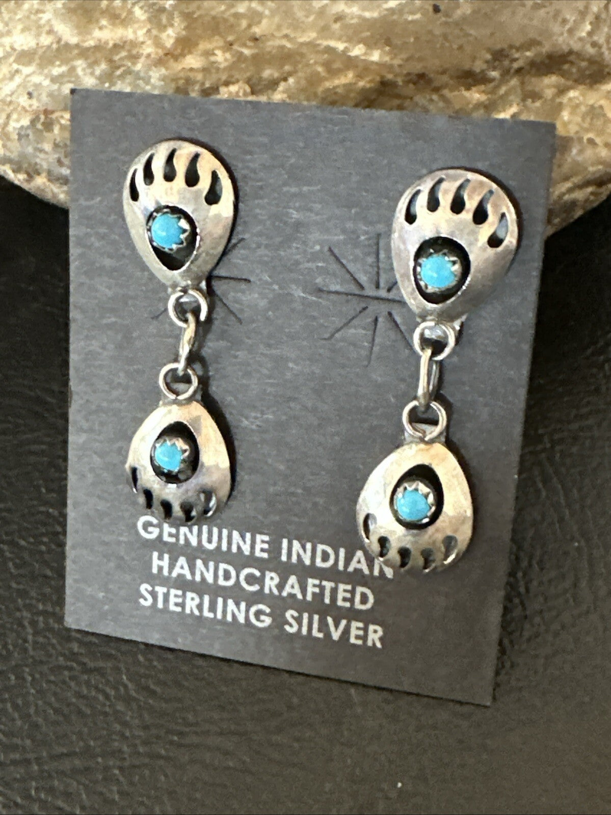Navajo Blue Turquoise Sterling Silver Post Dangle Bear Paw Earrings 1.30" 4520