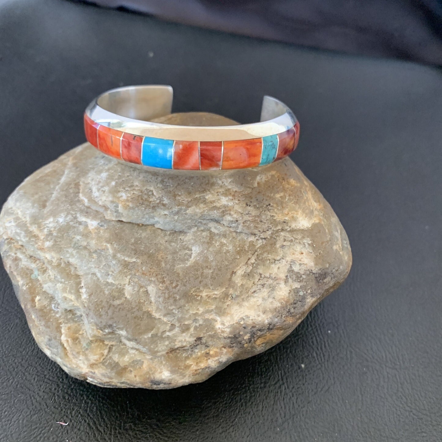 Mens Red Spiny & Turquoise Navajo Sterling Silver Inlay Bracelet 1647