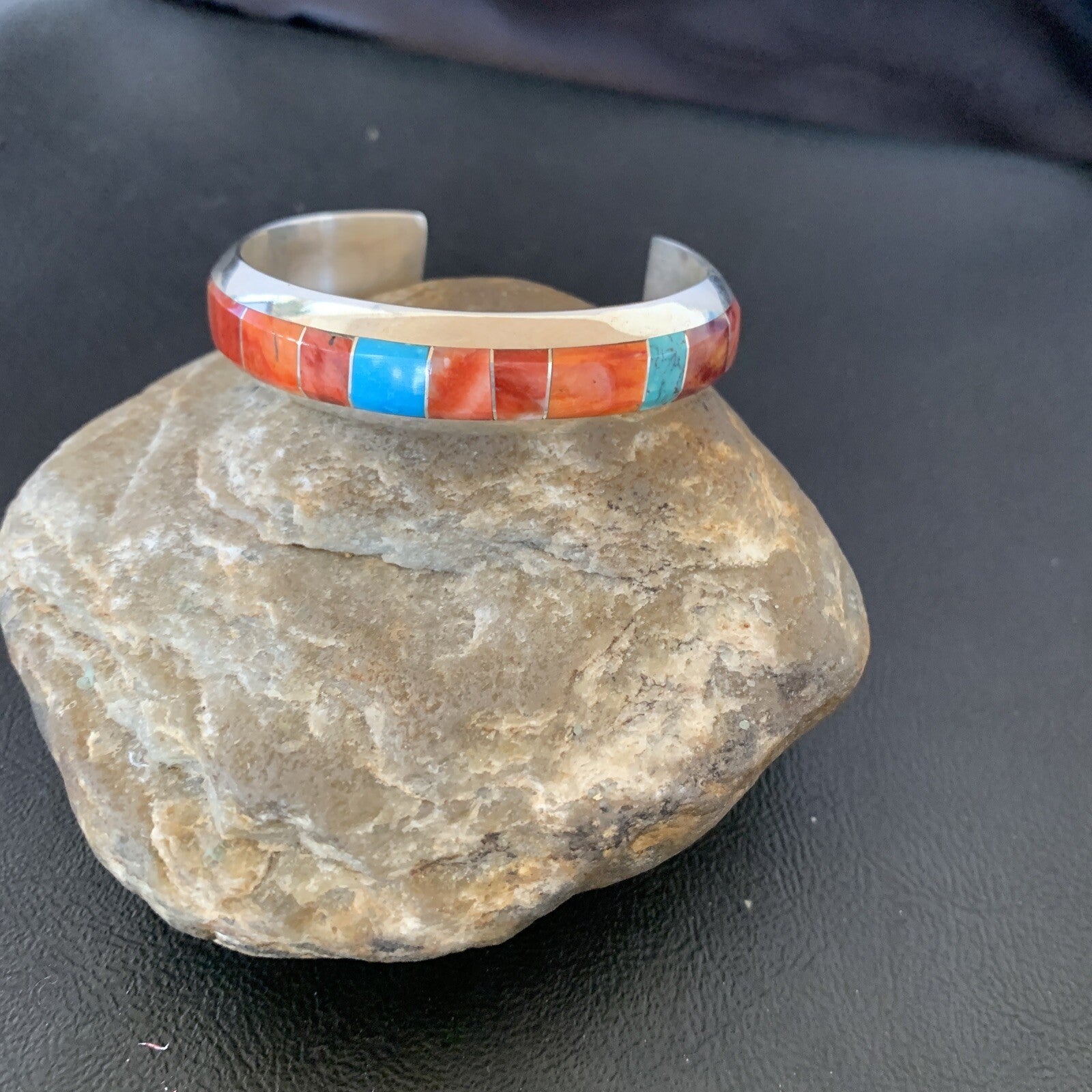 Mens Red Spiny & Turquoise Navajo Sterling Silver Inlay Bracelet 1647