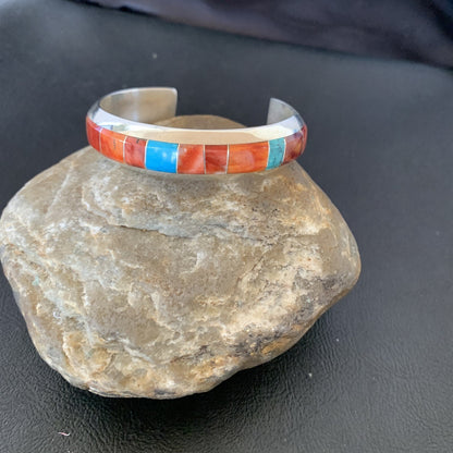 Mens Red Spiny & Turquoise Navajo Sterling Silver Inlay Bracelet 1647