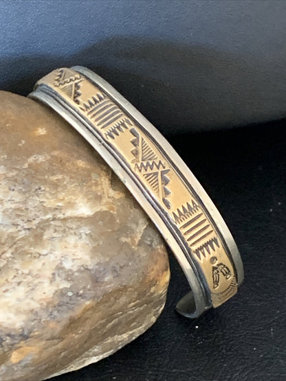 Mens Navajo Handmade Stamped Sterling Silver 12K Gold Cuff Bracelet 19032