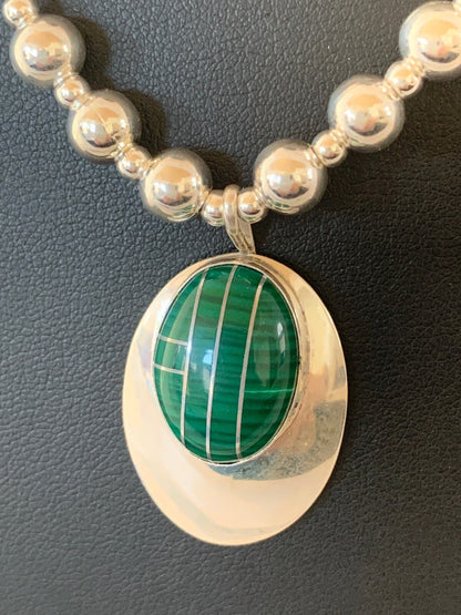 Green Malachite Pendant Navajo Sterling Silver Necklace 03179