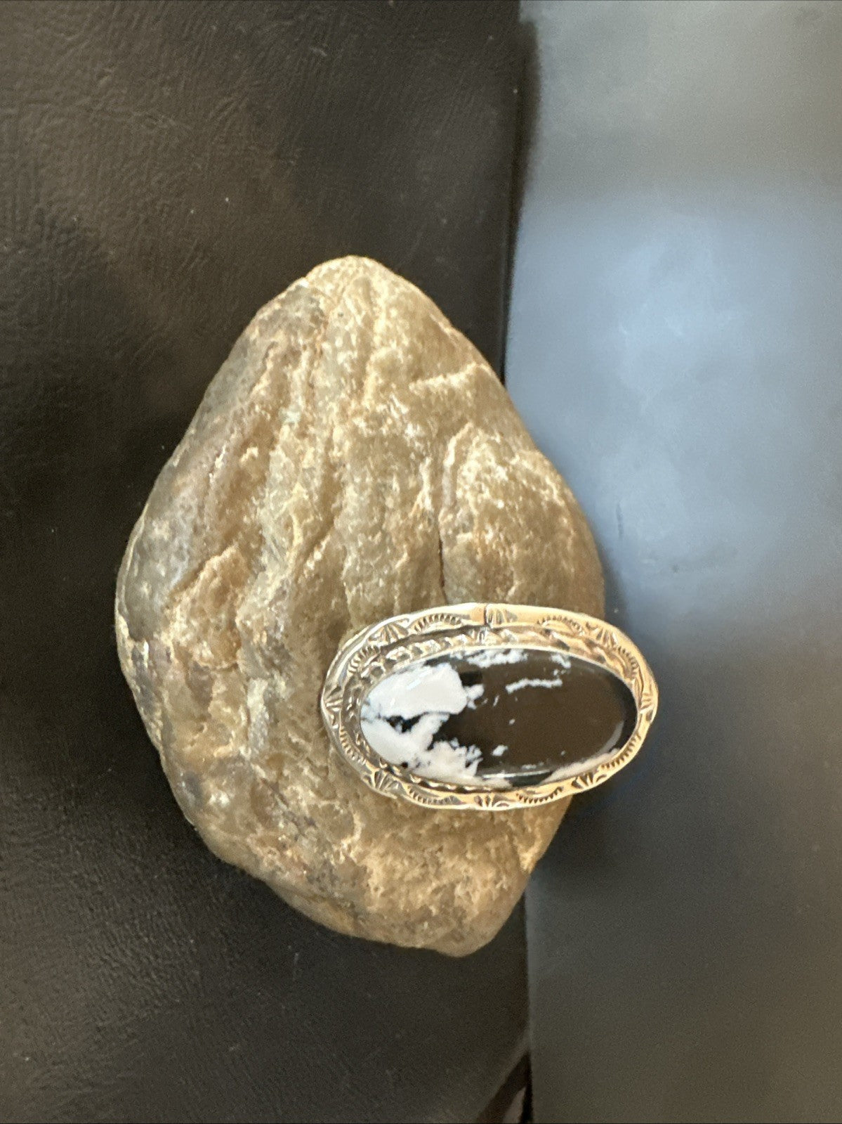 Black White Buffalo Turquoise Navajo Sterling Silver Ring Size 9.5 19809