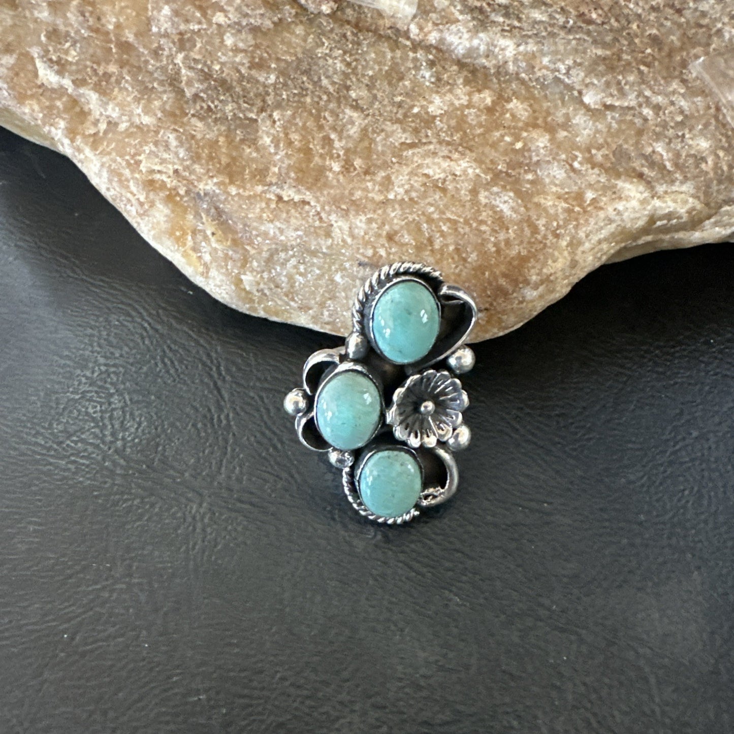 Yazzie Ring Green Turquoise Navajo Sterling Silver Cluster Size 8 19223