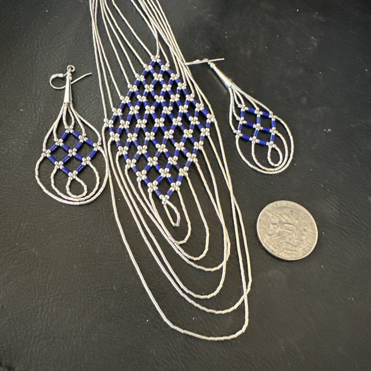 Lapis Heishi Tubes Pendant 7 Strand Sterling Silver Necklace Earrings 19753