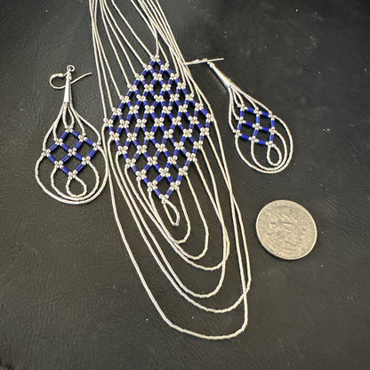 Lapis Heishi Tubes Pendant 7 Strand Sterling Silver Necklace Earrings 19753